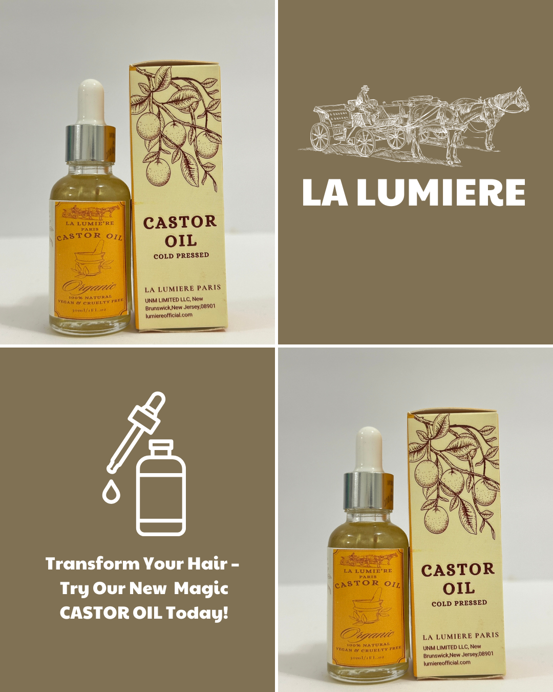 LA LUMIERE Organic Castor Oil (1 Fl Oz) - 100% Pure, Cold-Pressed, Hexane-Free for Hair, Skin & Body Care